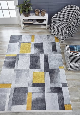 Gri Salon Halısı Modern Geometrik Dijital Baskı Kaymaz Taban Polyester