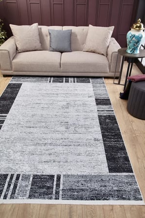 Antrasit Gri Modern Geometrik Desenli Kaymaz Tabanlı Halı Koridor