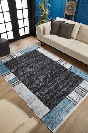 Antrasit Mavi Geometrik Dijital Baskı Salon Halısı Kaymaz Tabalı Koridor