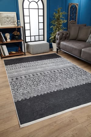 Antrasit Gri Geometrik Desenli Kaymaz Taban Salon Halısı Koridor