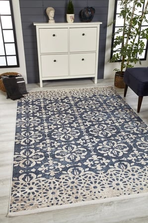 Lacivert Geometrik Desenli Dijital Baskı Salon Halısı Kaymaz