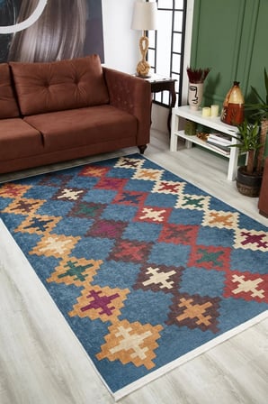 Petrol Mavisi Geometrik Desenli Kaymaz Taban Salon Halısı Koridor