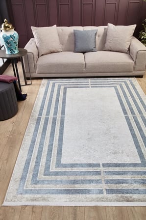 Krem Mavi Geometrik Desenli Dijital Baskı Salon Halısı Koridor