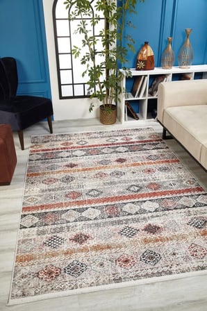 Bej Geometrik Salon Halısı Dijital Baskı Kaymaz Tabanlı Koridor Tipi
