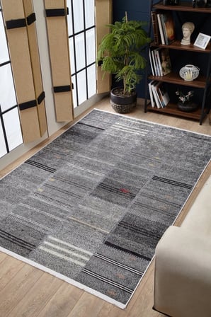 Antrasit Gri Modern Geometrik Desenli Kaymaz Salon Halısı Koridor
