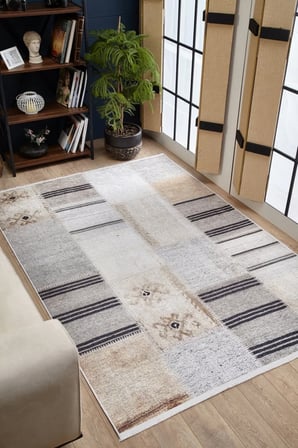 Açık Gri Modern Geometrik Dijital Baskı Kaymaz Taban Halı Koridor