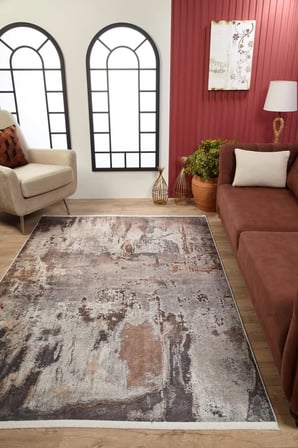 Kahverengi Soyut Desenli Dijital Baskı Salon Halısı Eskitme Vintage