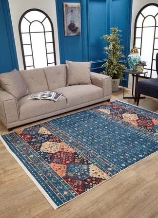 Mavi Bohem Geometrik Desenli Kaymaz Tabanlı Kilim Koridor Salon