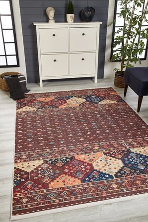 Bordo Etnik Desenli Kaymaz Taban Dijital Baskı Salon Halısı Koridor