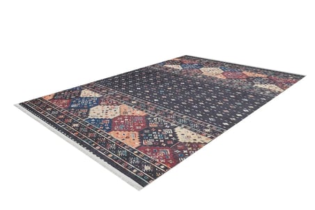 Koyu Lacivert Geometrik Salon Halısı Kaymaz Taban Dijital Baskı
