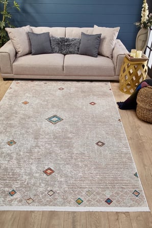 Bej Geometrik Desenli Salon Halısı Dijital Baskı Eskitme Vintage Koridor