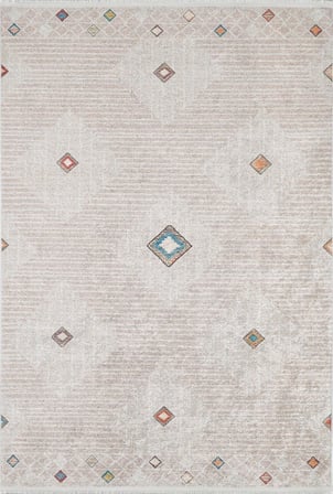 Bej Geometrik Desenli Salon Halısı Dijital Baskı Eskitme Vintage Koridor