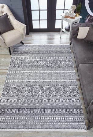 Ekru Etnik Geometrik Dijital Baskı Kaymaz Taban Salon Halısı