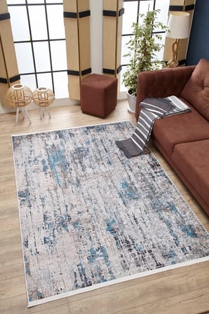 Krem Mavi Soyut Eskitme Salon Halısı Kaymaz Taban Koridor Vintage