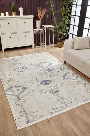 Bej Geometrik Desenli Kaymaz Tabanlı Modern Salon Halısı Koridor