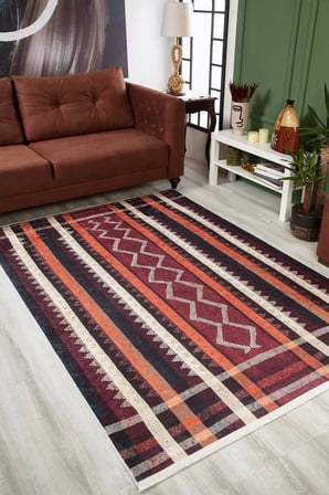 Bordo Dijital Baskı Geometrik Desenli Kaymaz Taban Halı Koridor