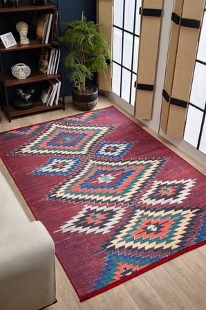 Bordo Geometrik Bohem Kilim Kaymaz Taban Salon Kilimi Koridor