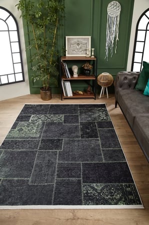 Antrasit Gri Geometrik Desenli Kaymaz Taban Salon Halısı Koridor