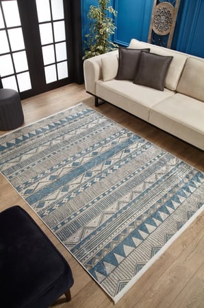 Mavi Etnik Geometrik Desenli Kaymaz Taban Salon Halısı Koridor