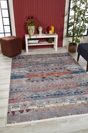 Gri Etnik Desenli Kaymaz Tabanlı Yıkanabilir Salon Halısı Koridor