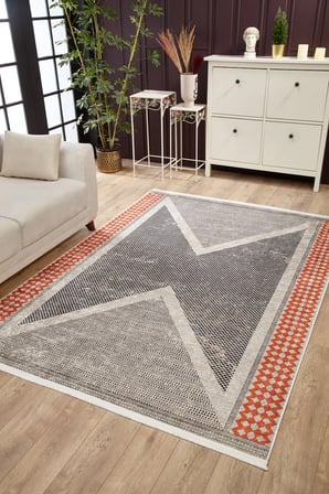 Gri Turuncu Geometrik Desenli Kaymaz Taban Salon Halısı Koridor