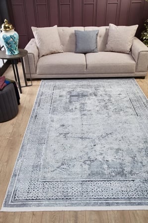 Gri Eskitme Desenli Kaymaz Tabanlı Salon Halısı Koridor Vintage