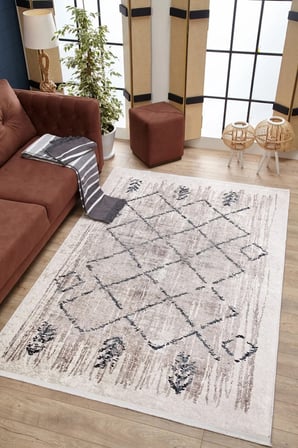 Krem Geometrik Desenli Kaymaz Taban Salon Halısı Modern Koridor Tipi