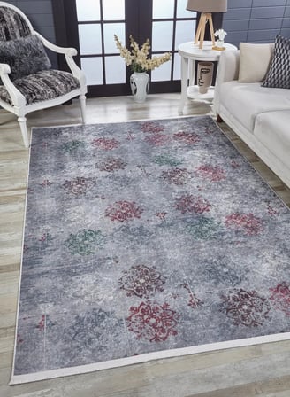 Gri Eskitme Salon Halısı Kaymaz Taban Dijital Baskı Koridor Vintage