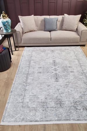 Gri Eskitme Madalyon Desenli Kaymaz Taban Salon Halısı Koridor Tipi