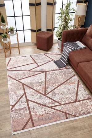 Krem Geometrik Desenli Yıkanabilir Kaymaz Salon Halısı Koridor