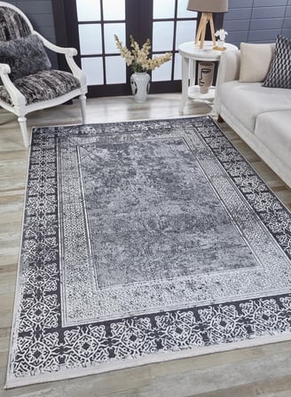 Antrasit Gri Geometrik Desenli Kaymaz Taban Salon Halısı Koridor