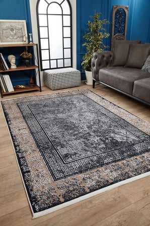 Gri Geometrik Eskitme Halı Kaymaz Tabanlı Salon Ve Koridor Modeli