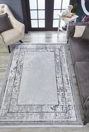 Gri Geometrik Desenli Eskitme Salon Halısı Kaymaz Taban Koridor