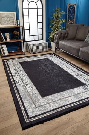 Antrasit Gri Geometrik Desenli Kaymaz Tabanlı Halı Koridor Salon