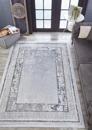 Gri Geometrik Desenli Kaymaz Tabanlı Salon Halısı Koridor Eskitme Vintage
