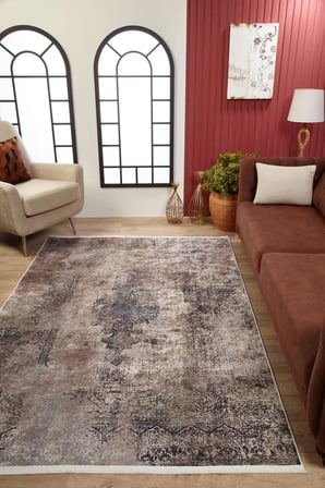 Gri Soyut Desenli Eskitme Halı Kaymaz Tabanlı Salon Koridor Vintage