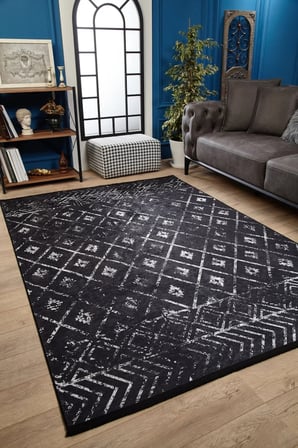 Antrasit Beyaz Geometrik Salon Halısı Dijital Baskı Kaymaz Koridor