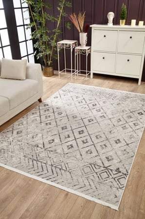 Gri Modern Geometrik Desenli Salon Halısı Kaymaz Tabanda Koridor Eskitme