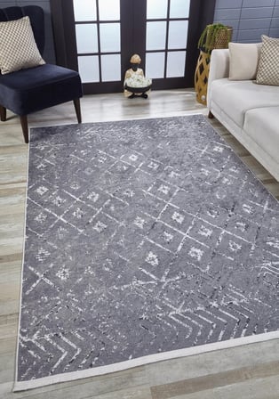 Gri Geometrik Desenli Salon Halısı Dijital Baskı Kaymaz Tabanlı Koridor