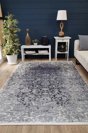 Gri Antrasit Eskitme Desenli Dijital Baskı Salon Halısı Vintage Stil
