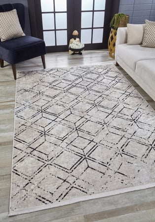 Bej Modern Geometrik Desenli Kaymaz Taban Salon Halısı Koridor