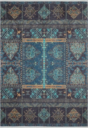 Mavi Geometrik Desenli Kaymaz Taban Salon Halısı Koridor Eskitme Vintage