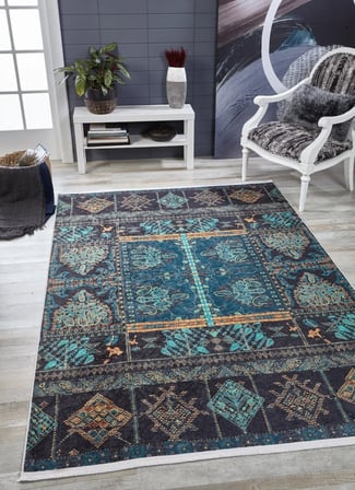 Mavi Geometrik Desenli Kaymaz Taban Salon Halısı Koridor Eskitme Vintage