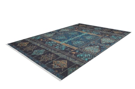 Mavi Geometrik Desenli Kaymaz Taban Salon Halısı Koridor Eskitme Vintage