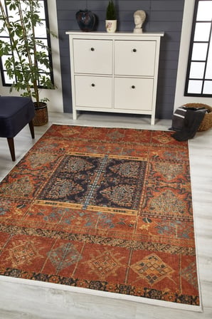 Kiremit Mavi Etnik Patchwork Kaymaz Taban Salon Halısı Koridor