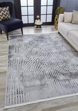 Gri Geometrik Desenli Kaymaz Tabanlı Modern Salon Halısı Koridor