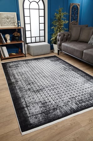 Siyah Geometrik Desenli Dijital Baskı Salon Halısı Kaymaz Tabanda