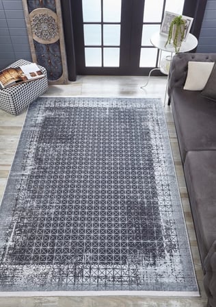 Modern Gri Geometrik Desenli Kaymaz Tabanlı Halı Koridor Salon