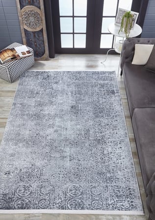 Gri Soyut Desenli Kaymaz Taban Salon Halısı Eskitme Modern Koridor
