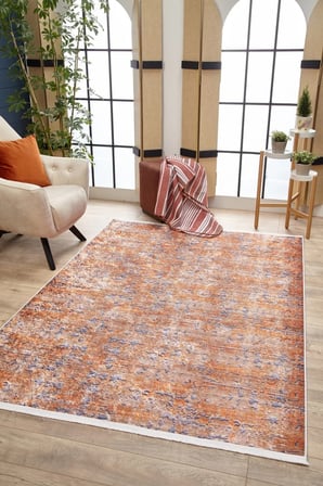 Turuncu Soyut Modern Eskitme Salon Halısı Kaymaz Taban Koridor